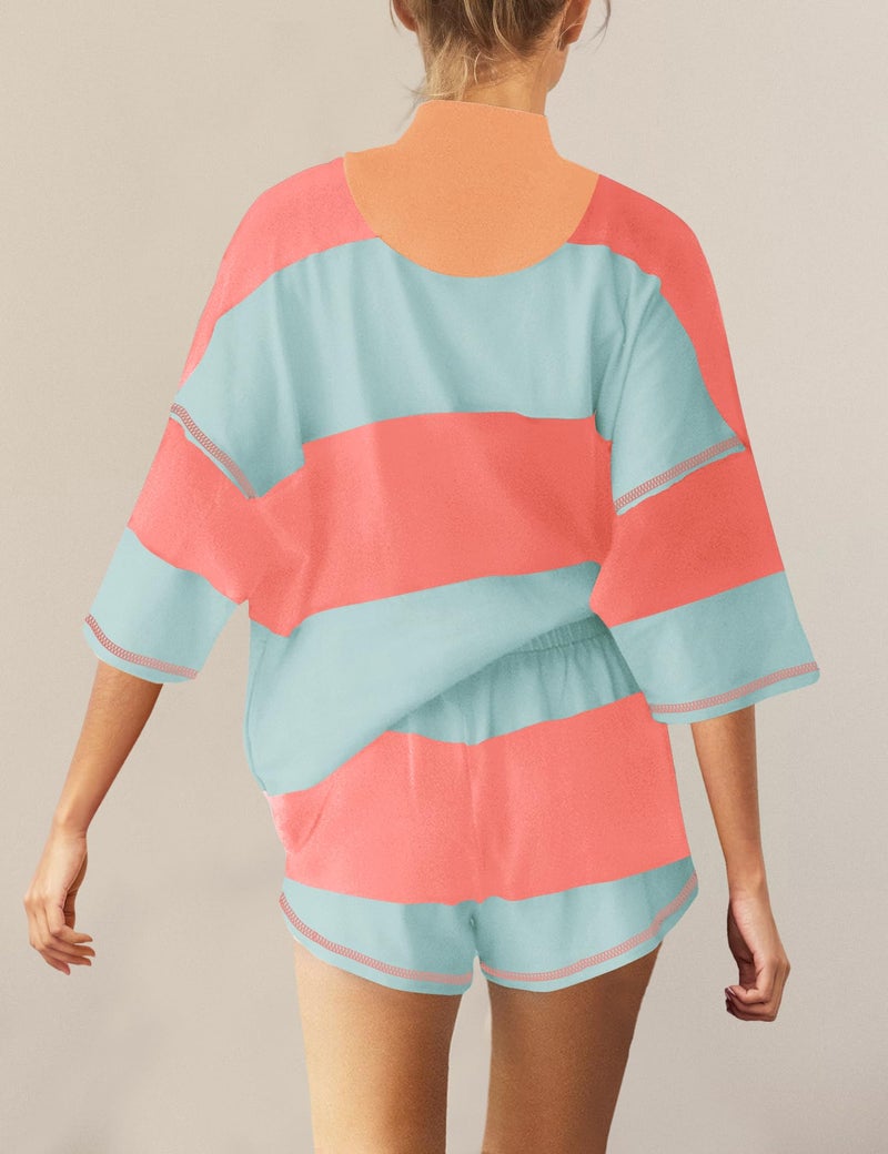 Panadila Women Striped Workout Set Two Piece Outfit Tracksuit Oversized Lounge Set Top and Shorts Sets with Pockets(Coral Blue Combo,M) - Image 3
