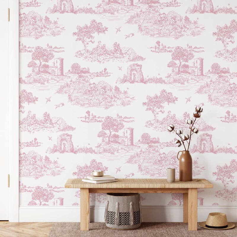 WENMER Pink Toile Peel Stick Wallpaper for Bedroom SelfAdhesive White and Pink Vintage French Country Wallpaper for Girls Room Toile Contact Paper for Cabinet 177 X 118
