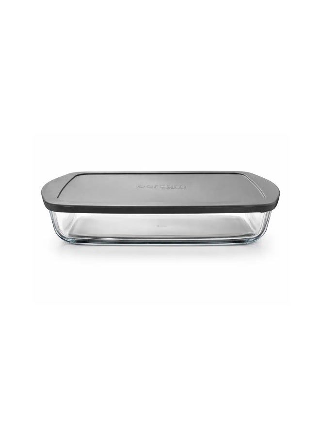 Borcam Rectangular Glass Oven Tray with Silicone Lid 1950 ml – 33.6 × 19 cm Baking Dish with Grey Cover, Heat Resistant Glass Food Storage Container, Turkey Made - Image 1