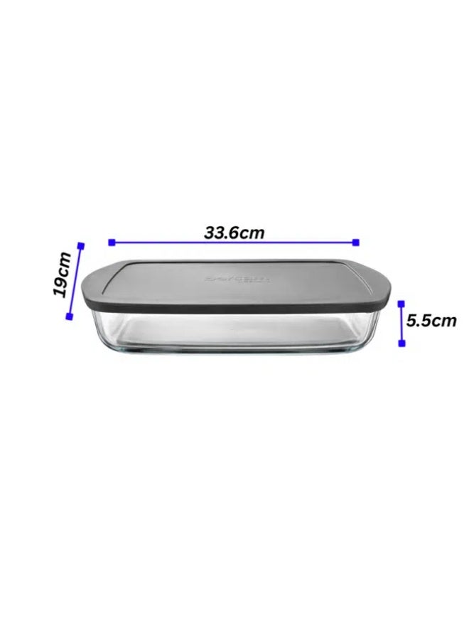 Borcam Rectangular Glass Oven Tray with Silicone Lid 1950 ml – 33.6 × 19 cm Baking Dish with Grey Cover, Heat Resistant Glass Food Storage Container, Turkey Made - Image 2