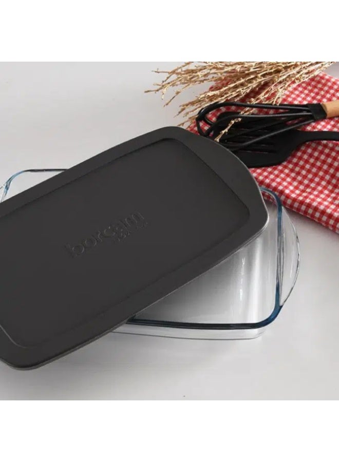 Borcam Rectangular Glass Oven Tray with Silicone Lid 1950 ml – 33.6 × 19 cm Baking Dish with Grey Cover, Heat Resistant Glass Food Storage Container, Turkey Made - Image 3