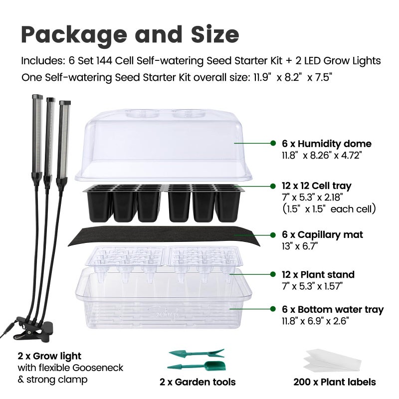 SOLIGT 144 Cell Self Watering Seed Starter Trays with 2 Grow Lights, 6 Seed Starter Kit with Humidity Domes, Full Spectrum Seedling Light with 8/12/18H Timer for Seed Starting, Seedling Growing - Image 4