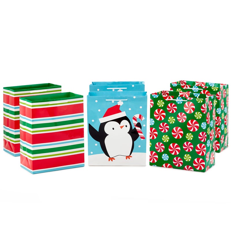 Hallmark Image Arts 11 Large Christmas Gift Bags 6 Bags Penguins Stripes Peppermints for Kids Coworkers Teachers