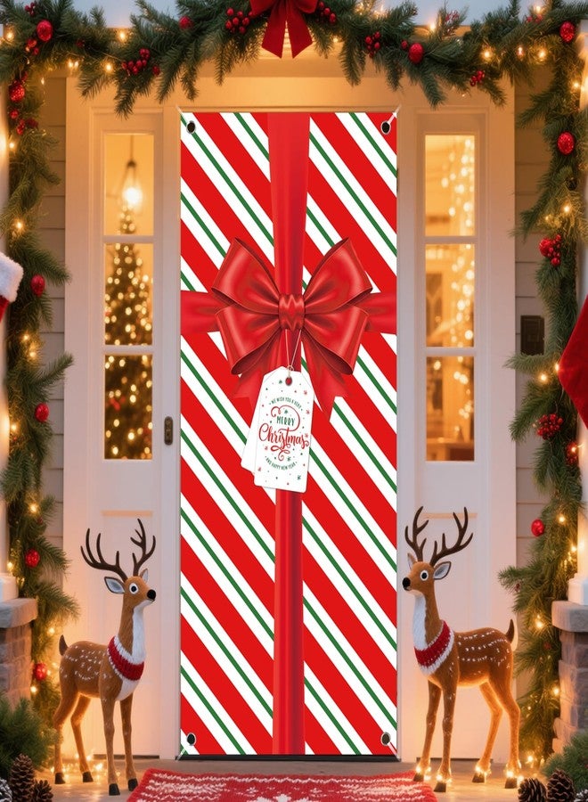 REDWORD Christmas Door Cover, 79x35Inch Merry Bowknot Christmas Door Decorations Red Bowknot Front Door Banner Backdrop Outdoor Sign for Xmas Home Office Wall Doors Party Decorations - Image 1