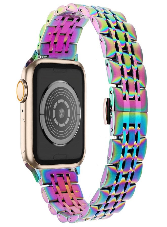 DEALELE Bands Compatible with iWatch 42mm 44mm 45mm 49mm, Solid Stainless Steel Metal Replacement Strap for Apple Watch Series 9/8 / 7/6 / 5/4 / 3 / SE/Ultra Women Men (Rainbow) - Image 2