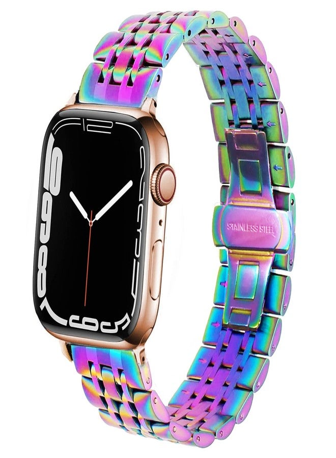DEALELE Bands Compatible with iWatch 42mm 44mm 45mm 49mm, Solid Stainless Steel Metal Replacement Strap for Apple Watch Series 9/8 / 7/6 / 5/4 / 3 / SE/Ultra Women Men (Rainbow) - Image 1
