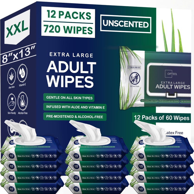 OPTEEL Adult Wipes For Elderly - 8"x13" Extra Large & Soft Wet Wipes for Adults Bathing - Incontinence Disposable Washcloths, Vitamin E & Aloe Infused for Men & Women 720ct (12 Packs of 60) - Image 1