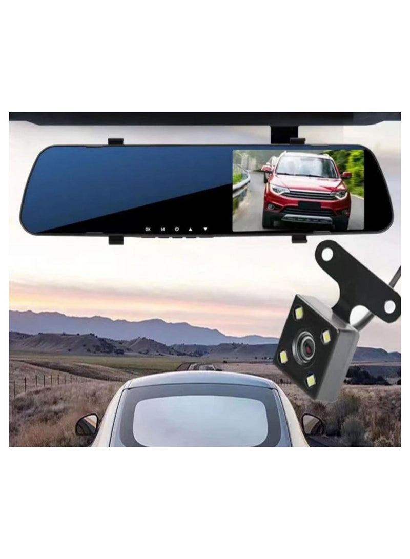 داش كام قياس 9.66 بوصة رؤية ليلية 1080 بكسل FHD شاشة لمس كاملة كاميرا احتياطية للرؤية الأمامية والخلفية للسيارات حلقة تسجيل وسائط البث 180 درجة زاوية واسعة للمساعدة في ركن السيارة مع كابل 10 أمتار - Image 2