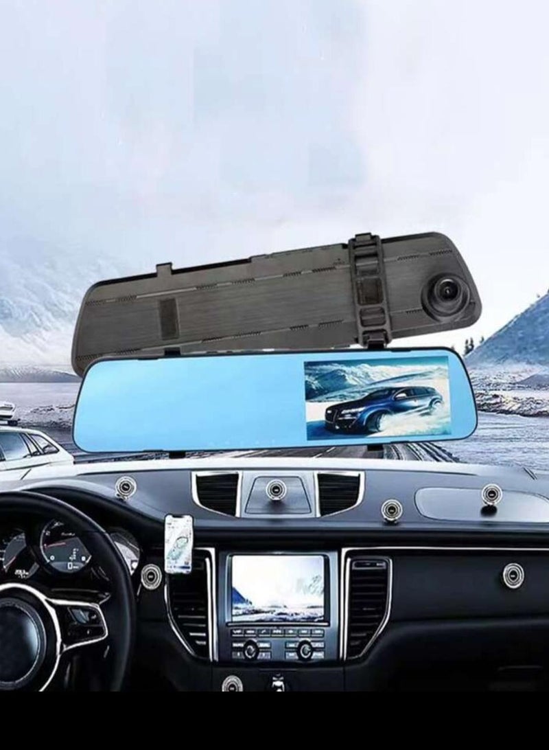 داش كام قياس 9.66 بوصة رؤية ليلية 1080 بكسل FHD شاشة لمس كاملة كاميرا احتياطية للرؤية الأمامية والخلفية للسيارات حلقة تسجيل وسائط البث 180 درجة زاوية واسعة للمساعدة في ركن السيارة مع كابل 10 أمتار - Image 3