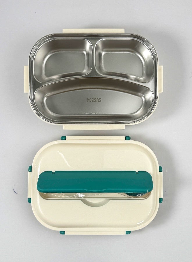 توشيونيكس صندوق غداء من الفولاذ المقاوم للصدأ بثلاث حجرات مع ملعقة فولاذية وتخزين أدوات المائدة - مانع للتسرب، صينية قابلة للإزالة، آمن للاستخدام في الفريزر والميكروويف - خالٍ من مادة BPA - سعة 1.7 لتر - مثالي للمدرسة والمكتب والسفر وصالة الألعاب الرياضية - Image 2