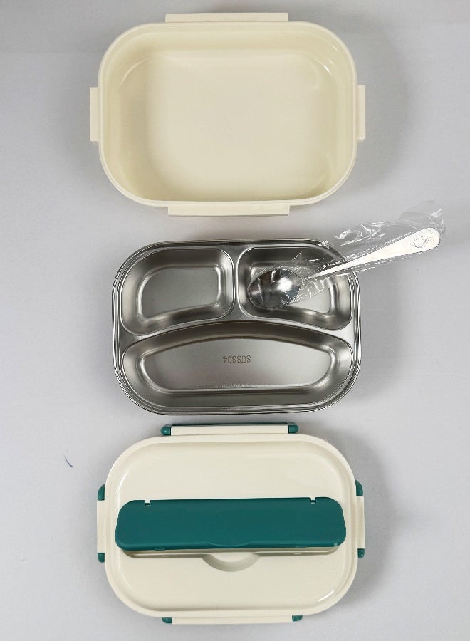 توشيونيكس صندوق غداء من الفولاذ المقاوم للصدأ بثلاث حجرات مع ملعقة فولاذية وتخزين أدوات المائدة - مانع للتسرب، صينية قابلة للإزالة، آمن للاستخدام في الفريزر والميكروويف - خالٍ من مادة BPA - سعة 1.7 لتر - مثالي للمدرسة والمكتب والسفر وصالة الألعاب الرياضية - Image 3