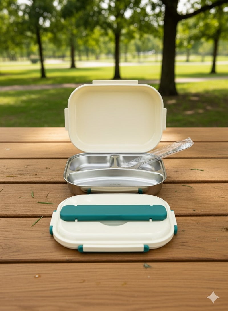 توشيونيكس صندوق غداء من الفولاذ المقاوم للصدأ بثلاث حجرات مع ملعقة فولاذية وتخزين أدوات المائدة - مانع للتسرب، صينية قابلة للإزالة، آمن للاستخدام في الفريزر والميكروويف - خالٍ من مادة BPA - سعة 1.7 لتر - مثالي للمدرسة والمكتب والسفر وصالة الألعاب الرياضية - Image 1