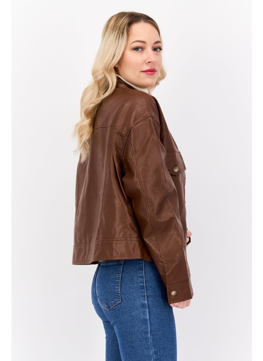 DEX - Women Solid Motorcycle Jacket, Brown - Image 1