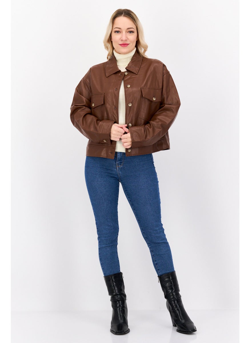 DEX - Women Solid Motorcycle Jacket, Brown - Image 1