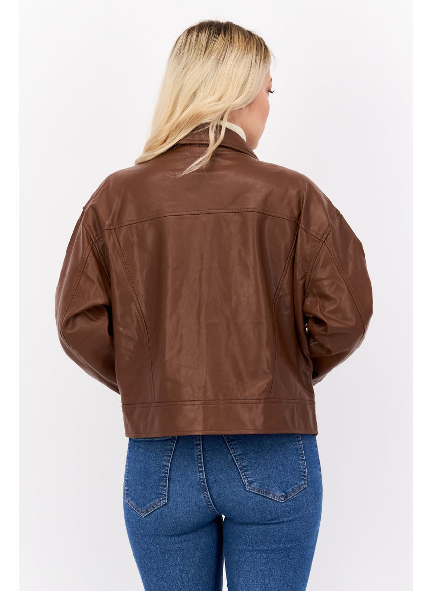 DEX - Women Solid Motorcycle Jacket, Brown - Image 1