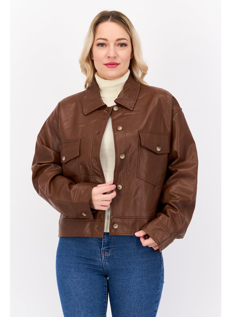 DEX - Women Solid Motorcycle Jacket, Brown - Image 1