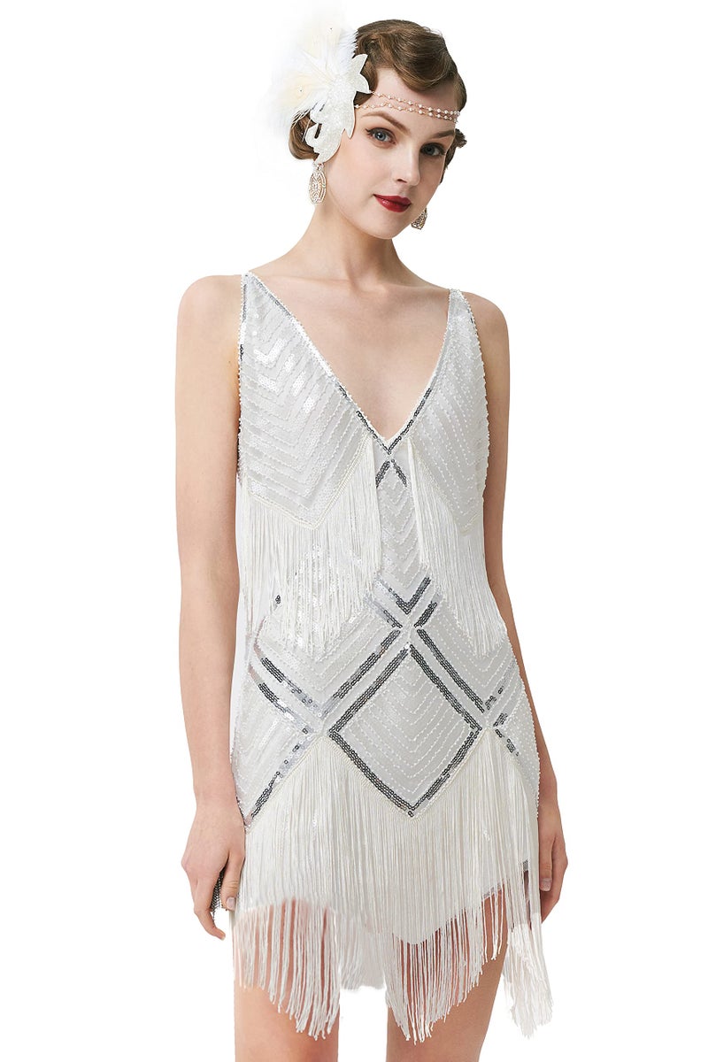 BABEYOND Women’s 1920s Flapper Dress V Neck Slip Dress Roaring 20s Great Gatsby Dress for Party (White, M) - Image 1
