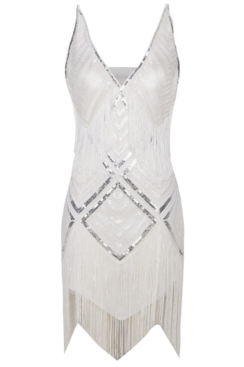 BABEYOND Women’s 1920s Flapper Dress V Neck Slip Dress Roaring 20s Great Gatsby Dress for Party (White, M) - Image 5