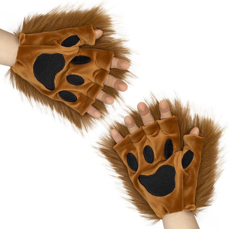 HAOAN Wolf Paw Gloves Faux Fur Cat Fingerless Mittens Winter Warm Cosplay Halloween Fancy Party Costume Accessories - Image 3