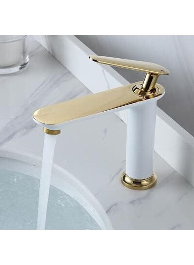 White and Gold Brushed Basin Faucet Bathroom Mixer Tap Hot and Cold Water - Image 1
