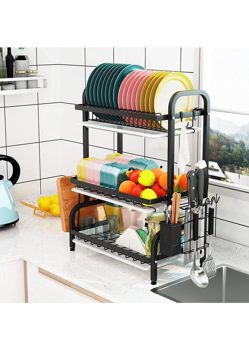 TYCOM Dish Drying Rack, 3-Tier Dish Rack Drainboard Set, Large Rust-Proof Dish Drainer with Drip Tray Knife Holder, Cutting Board Holder for Kitchen Dish Strainers Dish Dryer Rack for Cou - Image 2