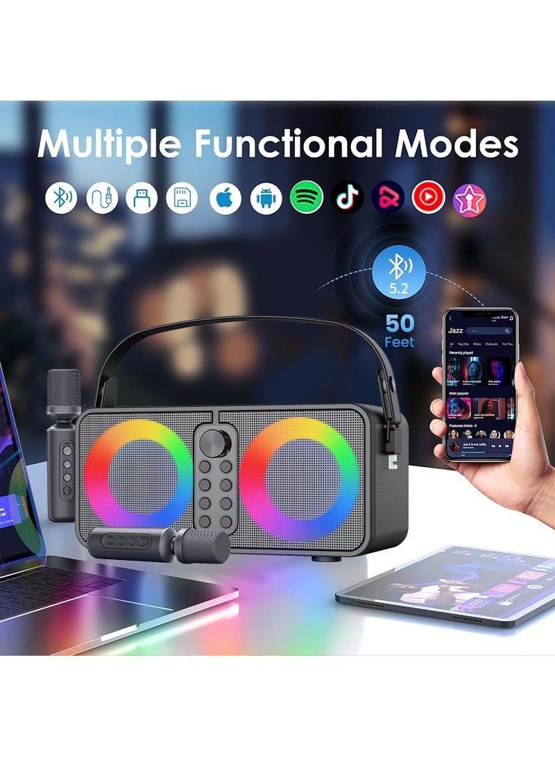 SU.YOSD Karaoke Machine, Portable Bluetooth Speaker with 2 Wireless Microphone for Adults & Kids with Disco LED Lights, Karaoke Speaker with PA System Supports USB/TF/AUX for Home Party (Black)  - Image 4