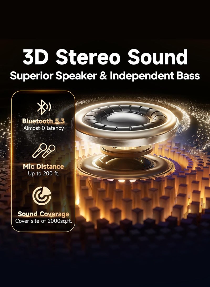 سو.يوسد جهاز كاريوكي، مكبر صوت بلوتوث محمول مع 2 ميكروفون لاسلكي للبالغين والأطفال مع أضواء LED ديسكو، مكبر صوت كاريوكي مع نظام PA يدعم USB/TF/AUX للحفلات المنزلية (أسود) - Image 2