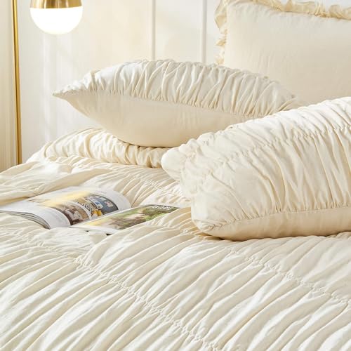 Bonlino King Size Comforter Set Bedding - Ruched Wheat Comforter King Bed Set Boho Shabby Chic Bedding for Bedroom Comforter Fluffy 3 Piece Ruffle Comforter Set with Pillow White Soft and Luxury - Image 4