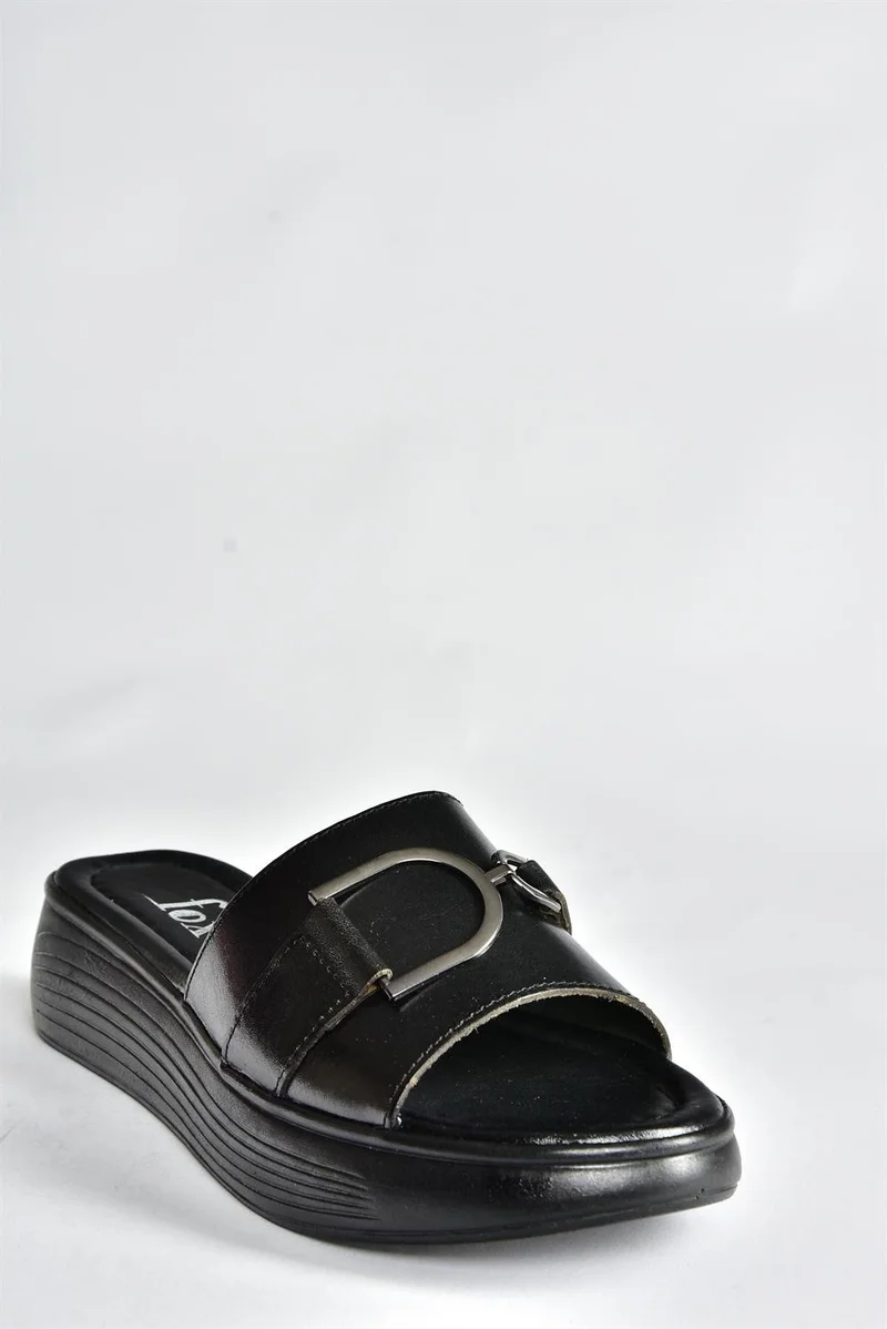 Fox Shoes Black Genuine Leather High-Sole Daily Women's Slippers P291049403