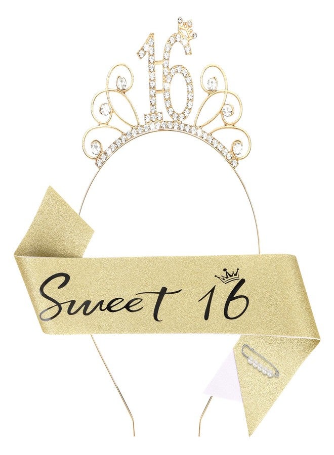 YARIEW Sweet 16 Birthday Sash, Headband, Crown and Decorations - 16th Birthday Gifts for Girls, Gold - Image 1