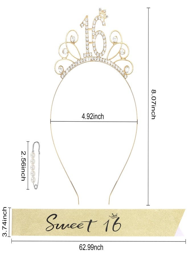 YARIEW Sweet 16 Birthday Sash, Headband, Crown and Decorations - 16th Birthday Gifts for Girls, Gold - Image 2