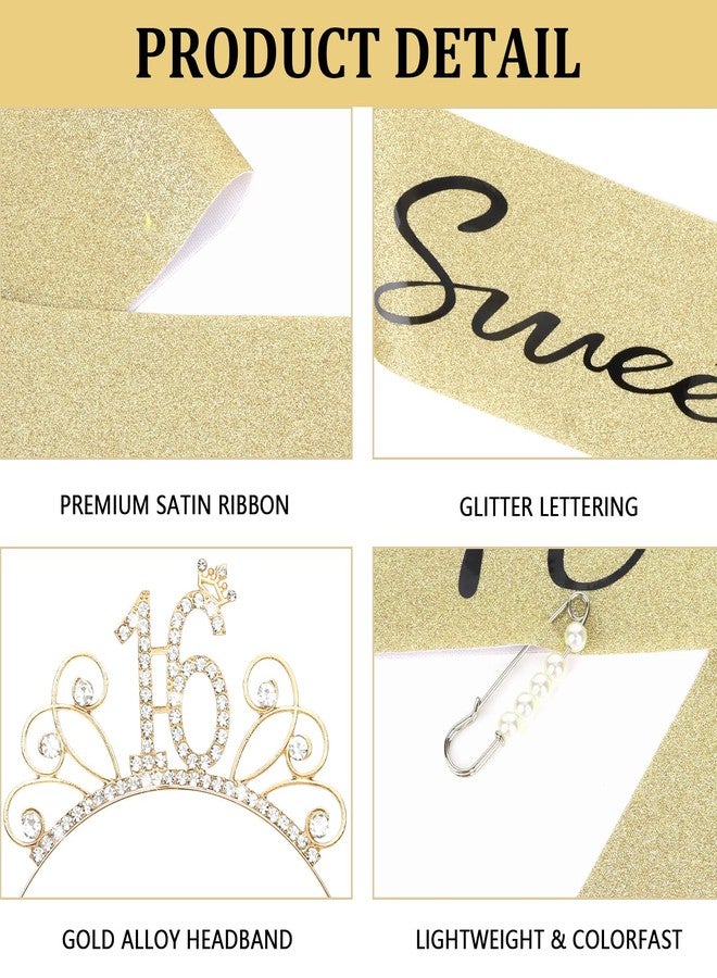 YARIEW Sweet 16 Birthday Sash, Headband, Crown and Decorations - 16th Birthday Gifts for Girls, Gold - Image 3