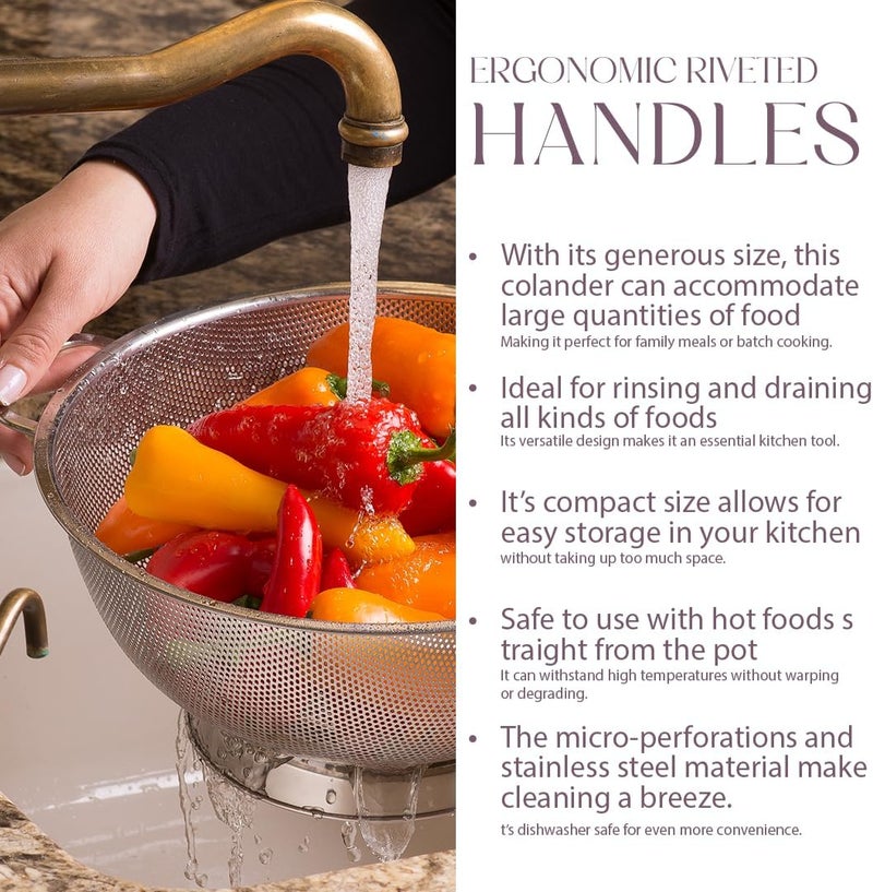 Bellemain Colander for Kitchen – 5 Qt Stainless Steel Strainer with Handle - 18/8 Pasta Strainer Bowl for Pasta, Spaghetti, Vegetables, Fruit, and Pot Draining - Stainless Steel Colander - Image 5