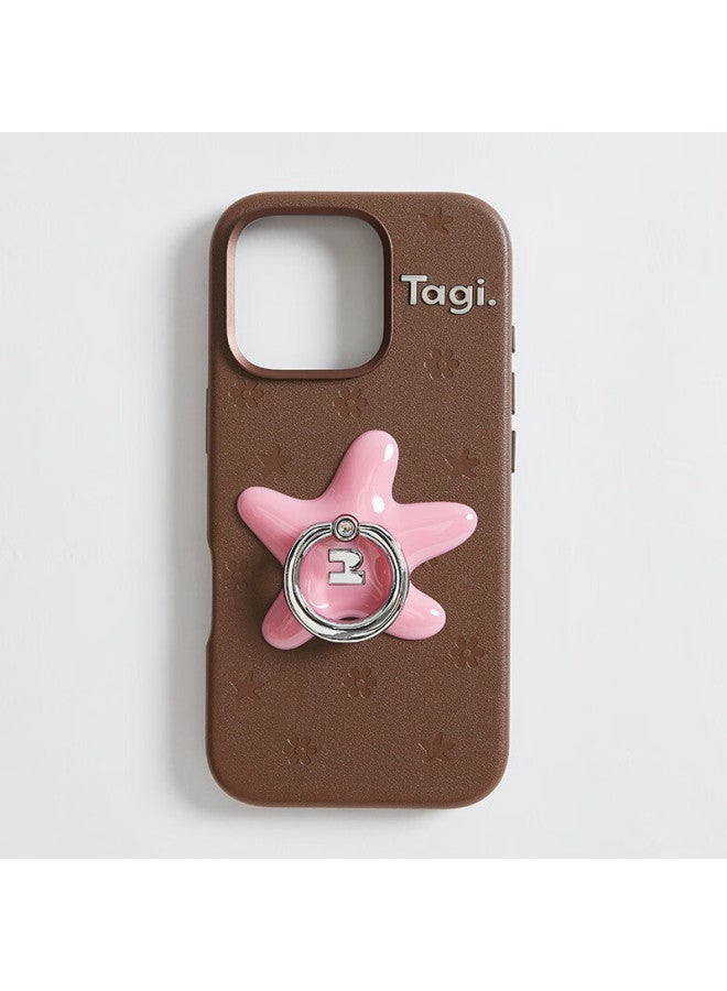 Tagi. "tapi Star" Diamond Ring Rotating Stand Leather Embossed Small Flower Starfish Phone Case Hazelnut Berry Iphone Compatible 16promax - Image 1