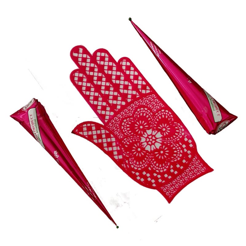 SENECIO 3Pc Set Henna Mehendi Cone With Reusable Rubber Stencil Washable Stick On Bridal Tattoo ArabicIndian Traditional Mix Designs Combo - Image 1