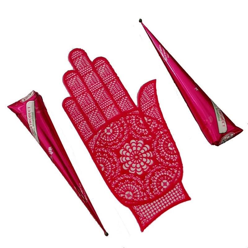 SENECIO 3Pc Set Henna Mehendi Cone With Reusable Rubber Stencil Washable Stick On Bridal Tattoo ArabicIndian Traditional Mix Designs Combo - Image 2