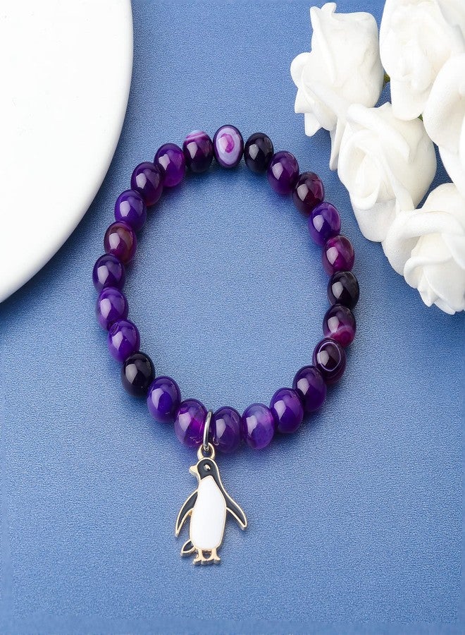 PARTNER Penguin Bracelet Penguin Gifts Inspirational Penguin Gifts for Penguin Lover Friend Couple (Amethyst Beads Penguin Bracelet) - Image 2