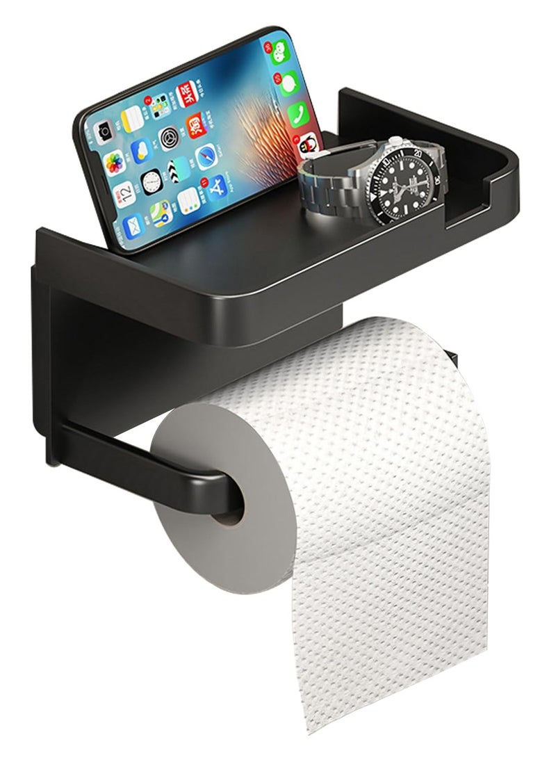 Generic Toilet Paper Holder, Stick on Toilet Paper Roll Holder with Shelf, Self-Adhesive Modern Toilet Paper Holder for Bathroom, Washroom (Black), Multipurpose Tissue Roll Holder  - Image 1