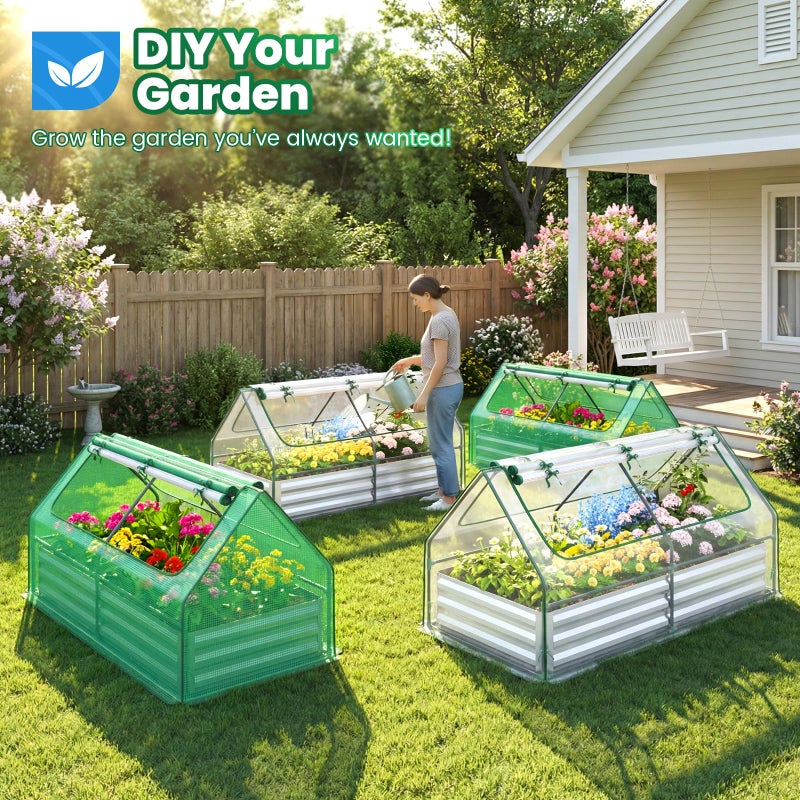 Quictent 6x3x1ft Galvanized Raised Garden Bed with Cover Metal Planter Bottomless Box w/ 2 Large Screen Windows Mini Greenhouse 20pcs T-Tags 1 Pair Gloves Outdoor Growing Vegetables (Green) - Image 2