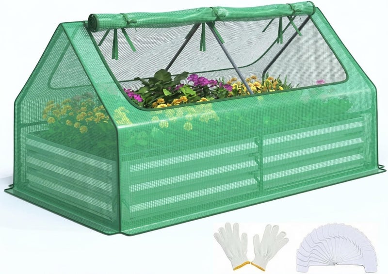 Quictent 6x3x1ft Galvanized Raised Garden Bed with Cover Metal Planter Bottomless Box w/ 2 Large Screen Windows Mini Greenhouse 20pcs T-Tags 1 Pair Gloves Outdoor Growing Vegetables (Green) - Image 1