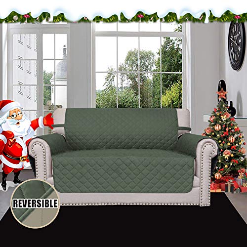 Easy-Going Reversible Loveseat Couch Cover for 2 Cushion Couch Sofa Cover for Dogs Water Resistant Furniture Protector with Foam Sticks Elastic Straps for Pet (Loveseat, Greyish Green/Beige) - Image 2