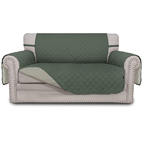 Easy-Going Reversible Loveseat Couch Cover for 2 Cushion Couch Sofa Cover for Dogs Water Resistant Furniture Protector with Foam Sticks Elastic Straps for Pet (Loveseat, Greyish Green/Beige) - Image 1