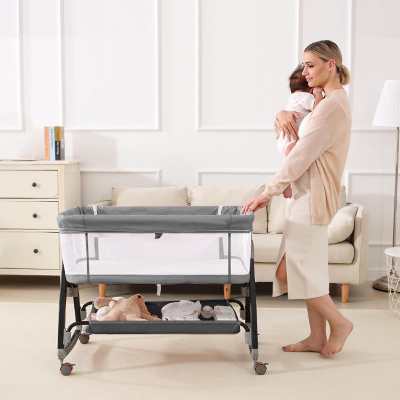 wayfong Baby Bassinet, Bassinet Bedside Sleeper with Wheels, Breathable Mesh Bedside Bassinet for Baby, Mosquito Net, Storage Basket, 6 Height Adjustable, Easy to Assemble - Image 4