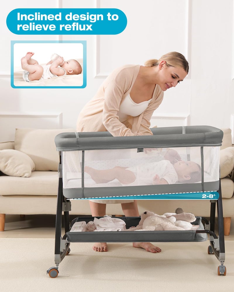 wayfong Baby Bassinet, Bassinet Bedside Sleeper with Wheels, Breathable Mesh Bedside Bassinet for Baby, Mosquito Net, Storage Basket, 6 Height Adjustable, Easy to Assemble - Image 3