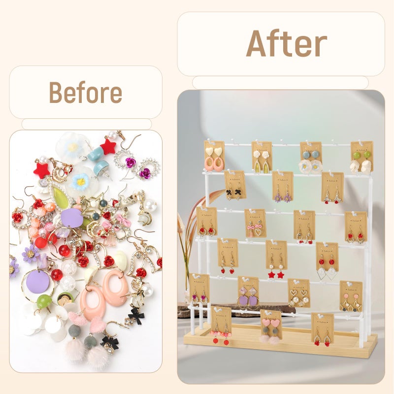 RNTBWD Earring Display for Vendors 6 Tier 42 Hooks Wood Earring Display Rack Holder for Earings Necklaces Rings Bracelets Keychains (White) - Image 4