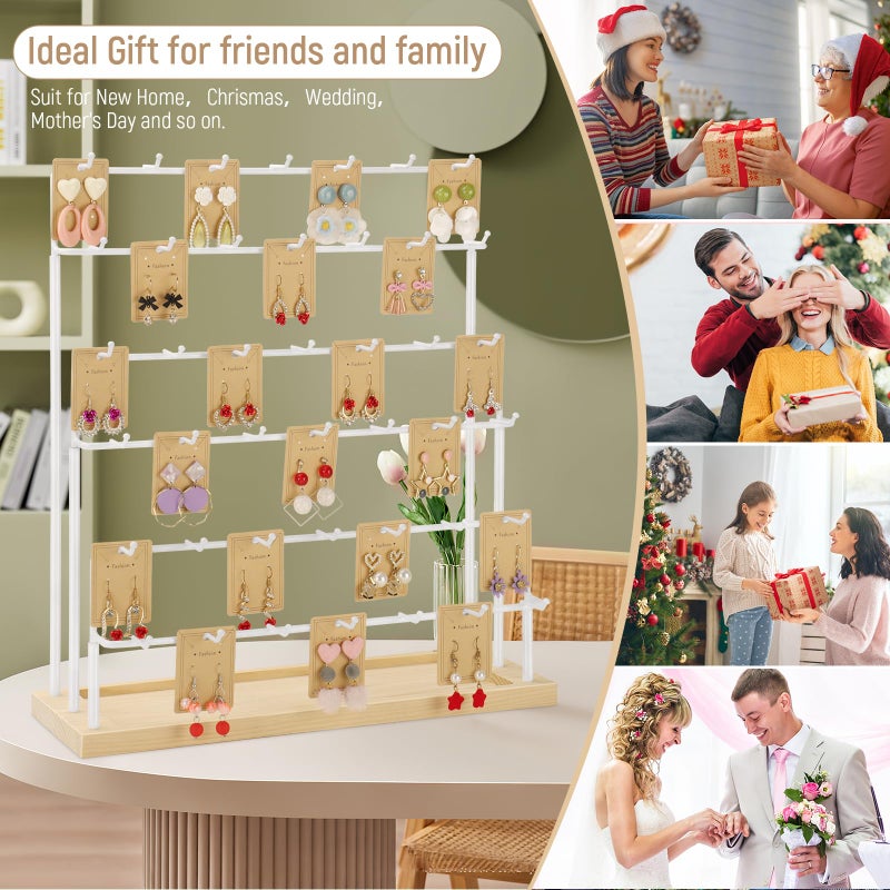 RNTBWD Earring Display for Vendors 6 Tier 42 Hooks Wood Earring Display Rack Holder for Earings Necklaces Rings Bracelets Keychains (White) - Image 3