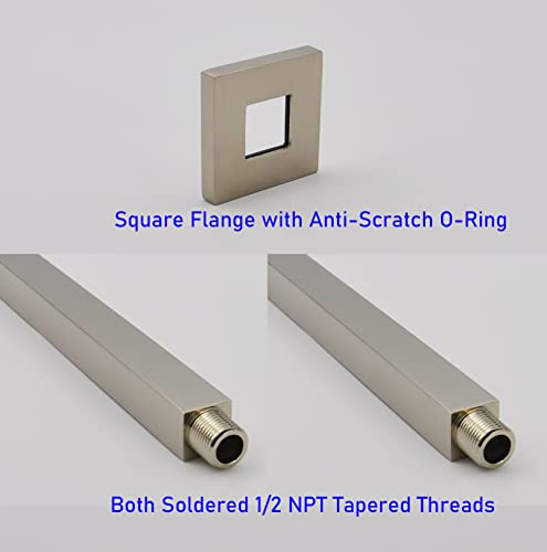 Aquaiaw Square Shower Arm and Anti-Scratch O-Ring Flange, 6 inch, Solid Brass, Both Soldered 1/2 NPT Tapered Threads, Straight Shower Head Arm, Ceiling Mount Shower Extension Arm (PVD Brushed Nickel) - Image 3