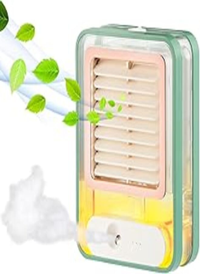 Small Desk Fan with Mist Spray,LED Night Light,Electric Battery Operated Water Misting Fan,USB Rechargeable Portable Quiet Mini Desktop Table Cooling Fan for Office,Camping,Indoor,Outdoor (Green)
