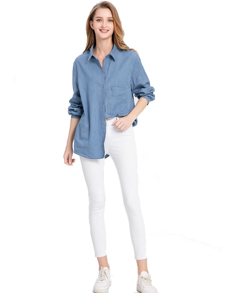 Minibee Women's Casual Cotton Linen Blouse Plus Size High Low Shirt Long Sleeve Tops Denim Blue - Image 3