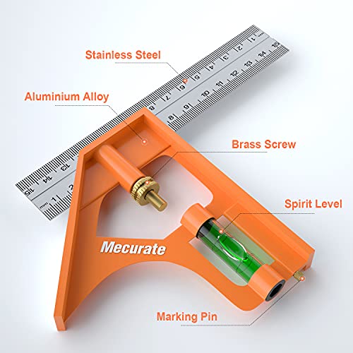 Mecurate 6“ Combination Square, 6 Inch 150mm Stainless Steel Combo Square for Accurate and Adjustable Woodworking Measurement with 2pcs Carpentery Pencils - Image 2